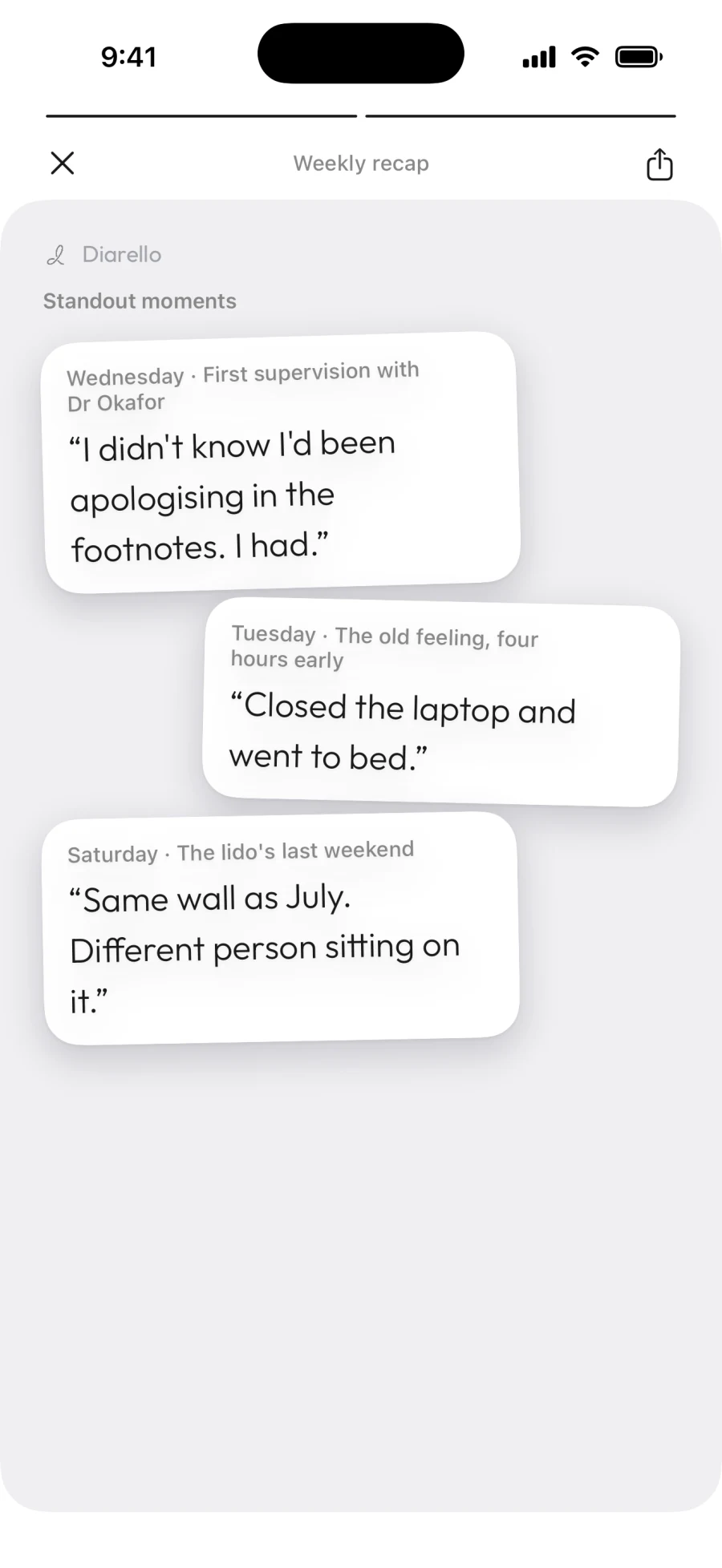 Diarello weekly recap, Standout moments: three lines from the week's entries on pinned notes, starting with “I didn't know I'd been apologising in the footnotes. I had.”