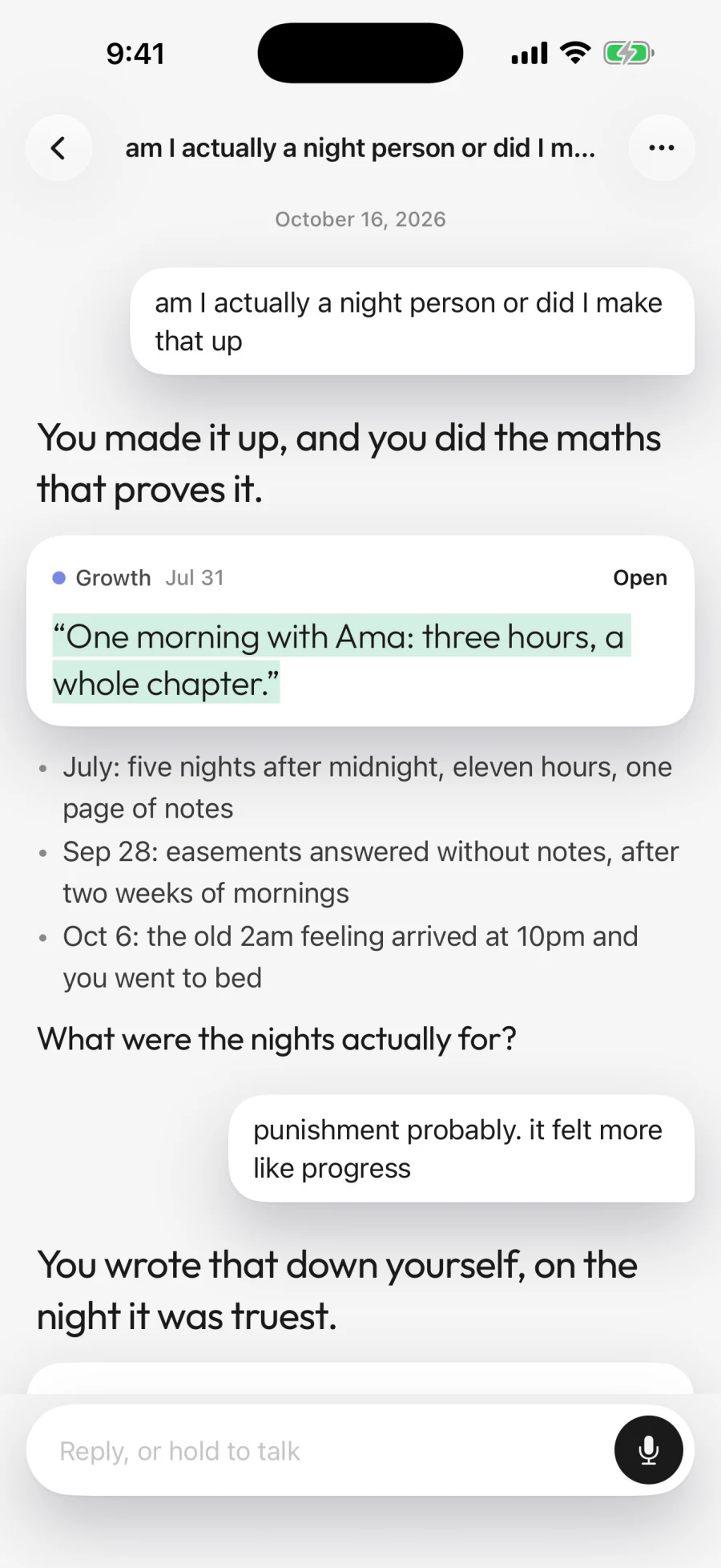 Diarello chat: asked about being a night person, the journal answers with the entries that prove it