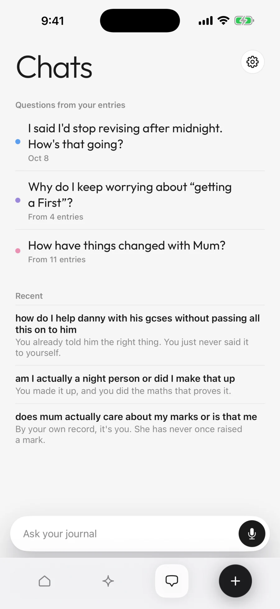 Diarello Chats screen: questions drawn from your entries and past conversations