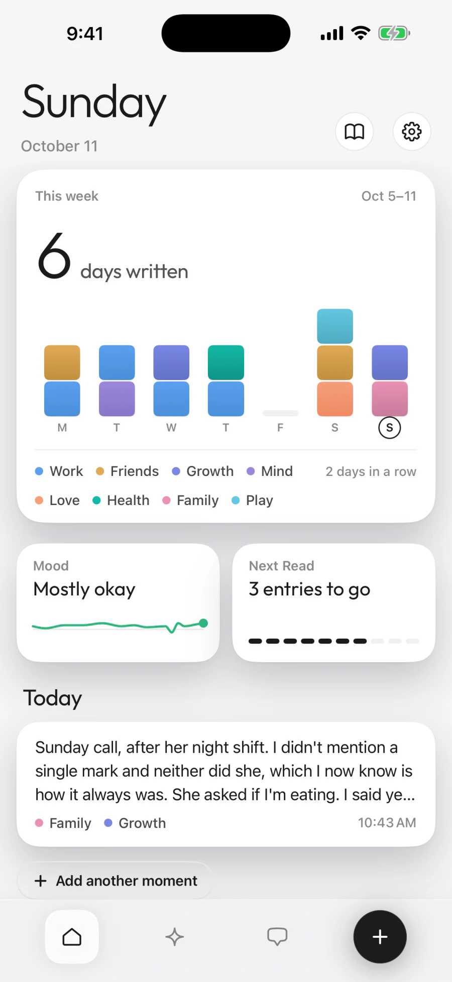 Diarello Home screen: this week's chart and today's entry