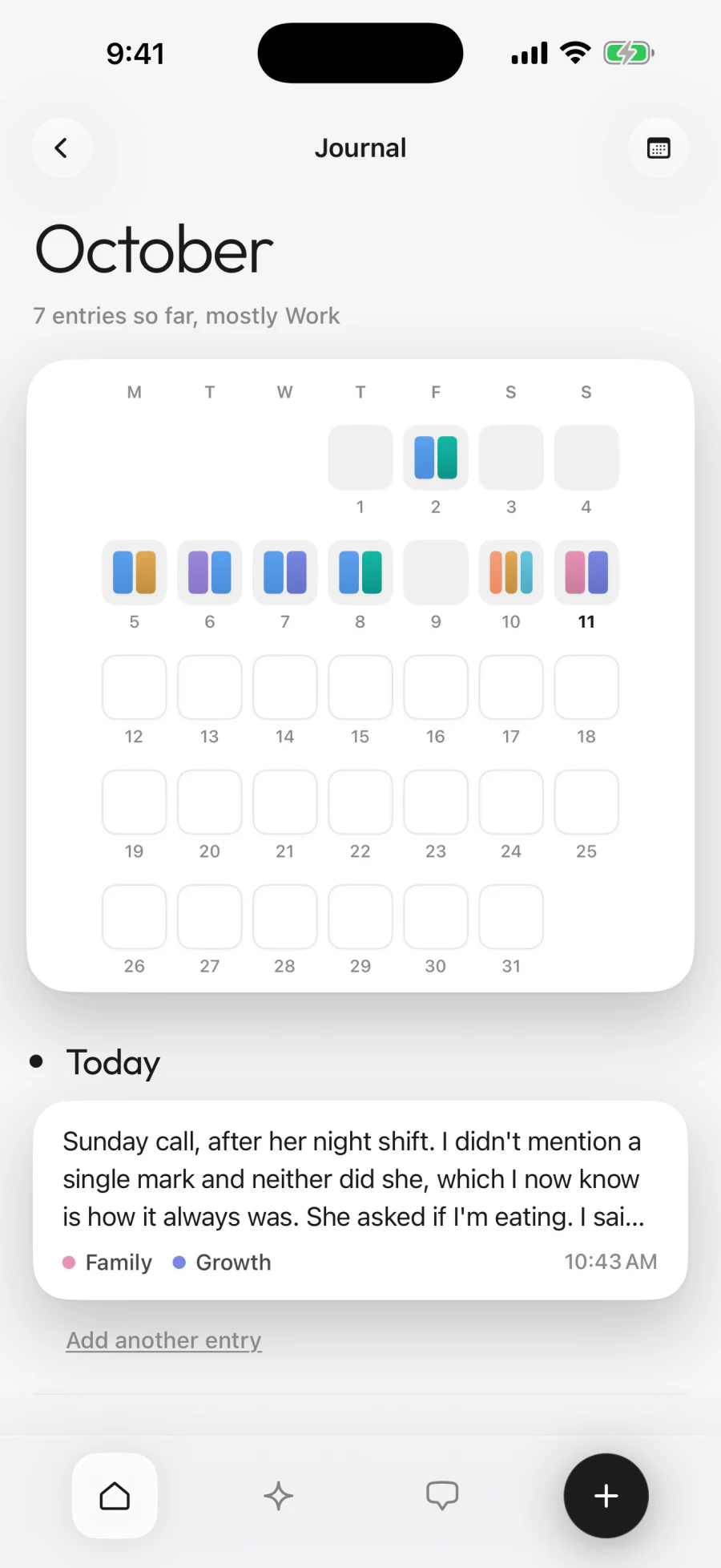Diarello Journal: a calendar of October with the days you wrote, and today's entry below
