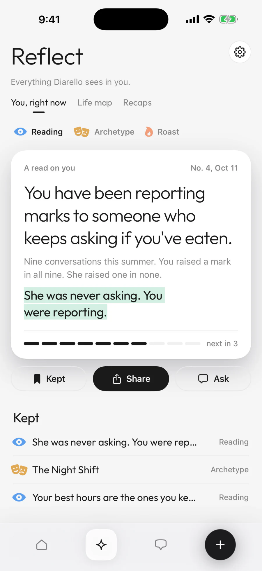 Diarello Reflect screen: a Read on you, with its key line highlighted