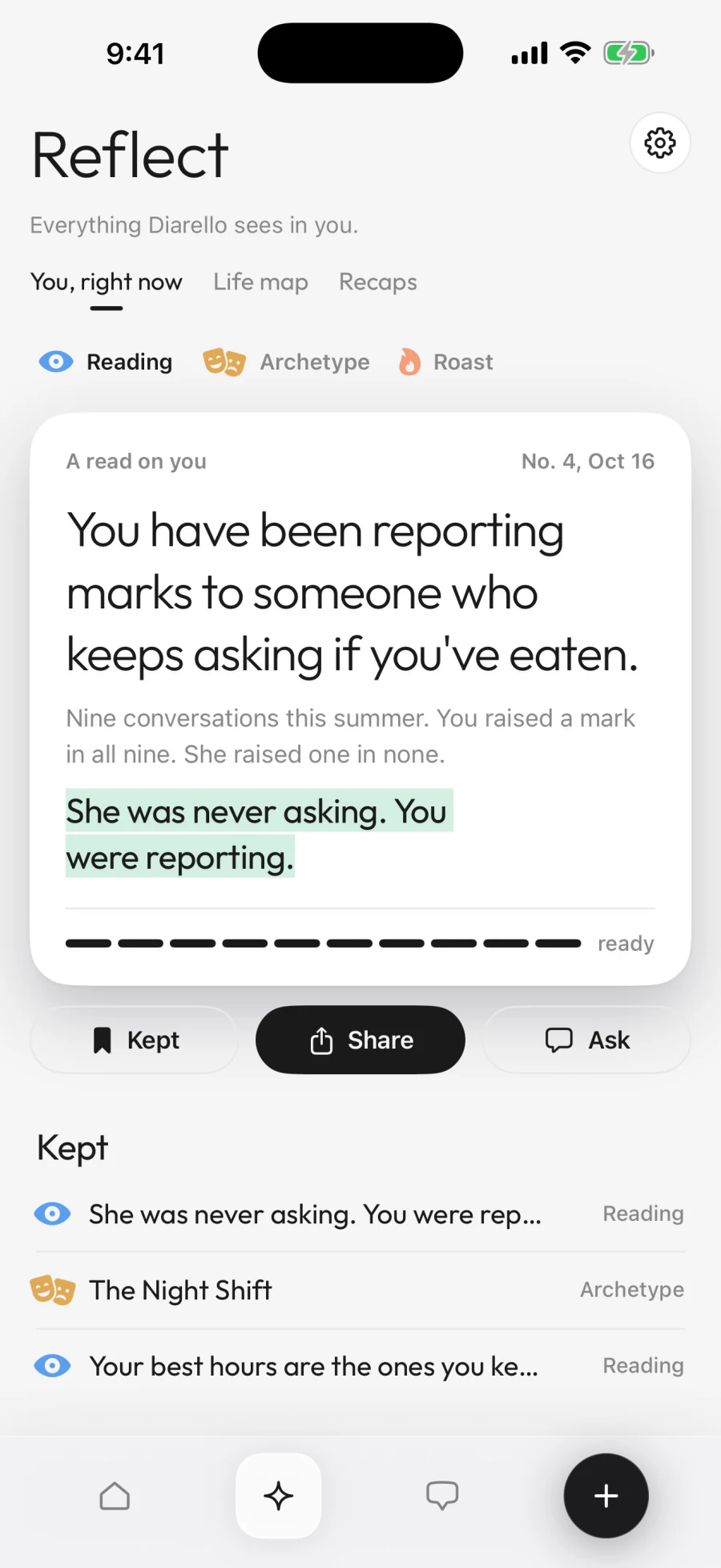 Diarello Reflect screen: a Read on you, with its key line highlighted