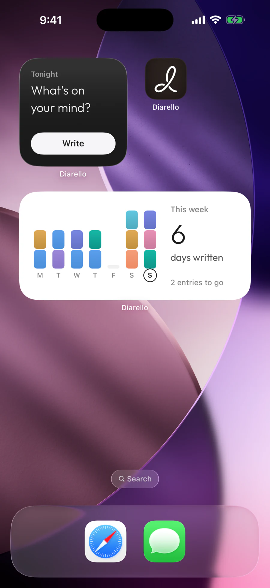 Diarello widgets on the iPhone Home Screen: a Tonight writing prompt and this week's chart